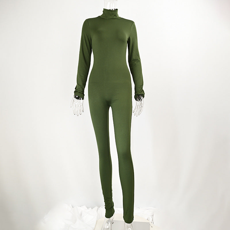 Autumn And Winter Solid Color Tight Long Sleeve Fleece-lined Jumpsuit