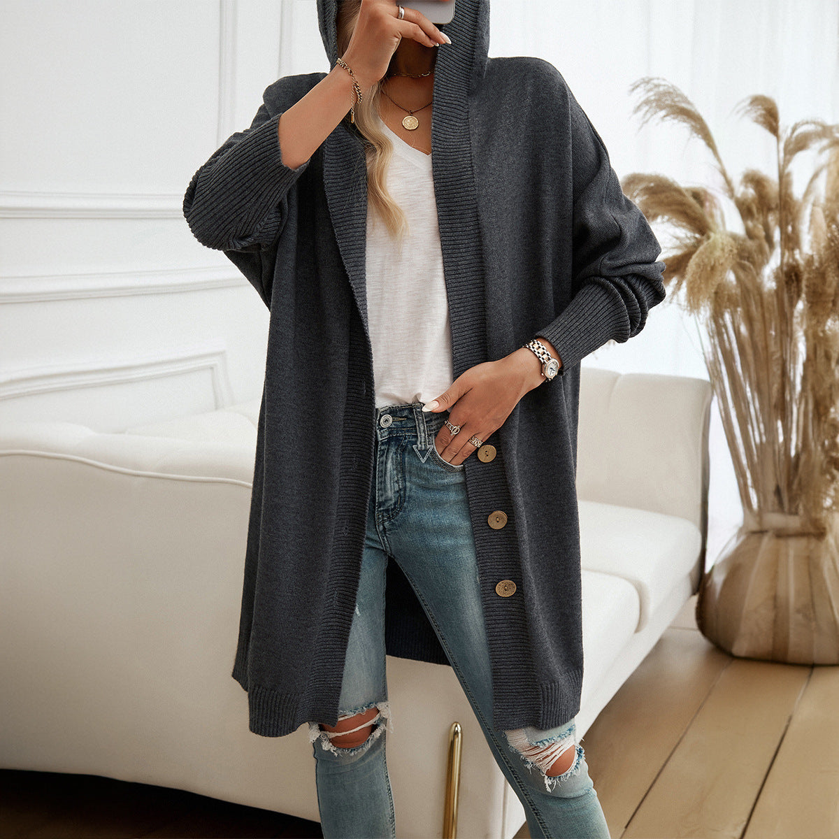 Women's Casual Loose Hooded Cardigan