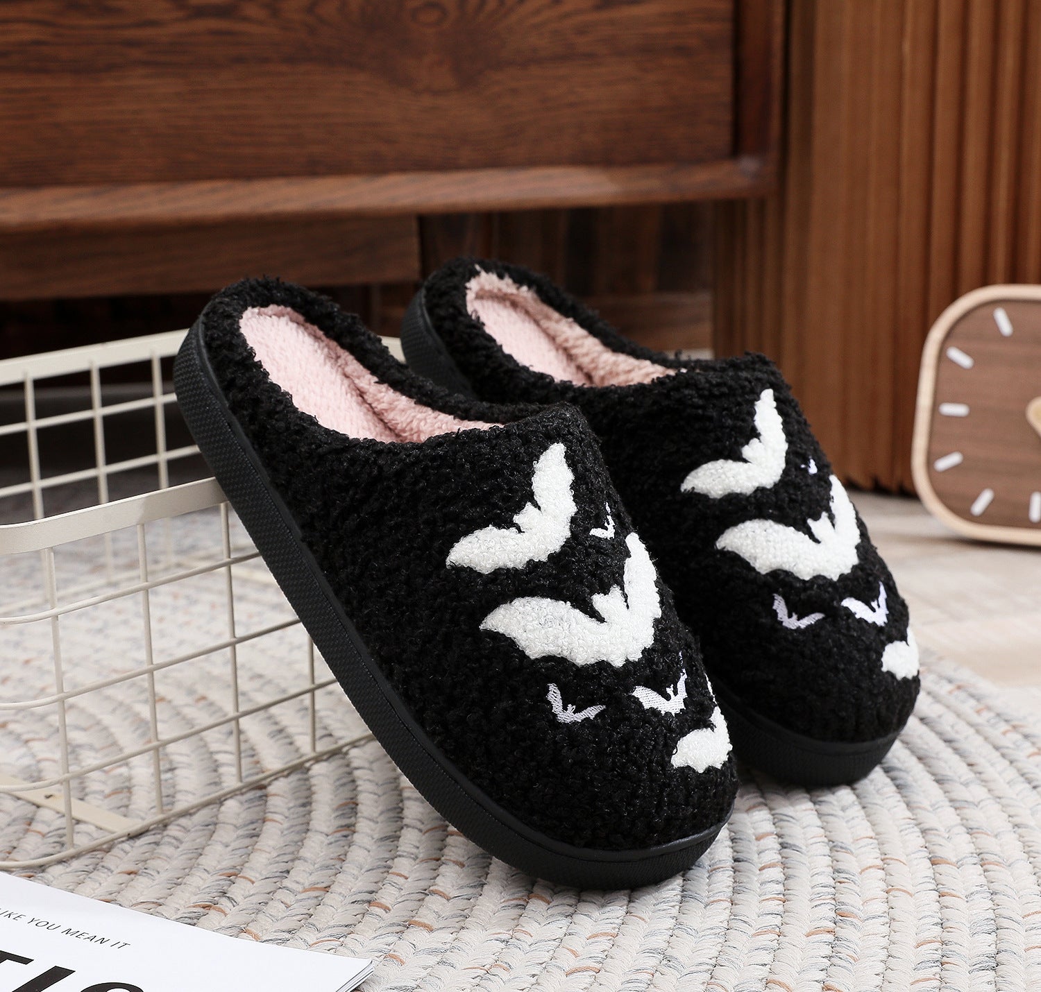 Halloween Bat Embroidery Cotton Slippers