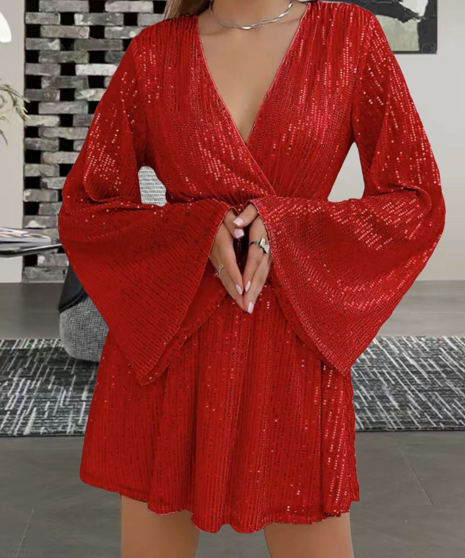 V-neck Sequin Waist Slimming Evening Dress