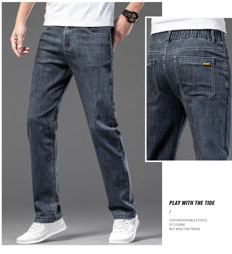 Men's Casual Half Elastic Waist Stretch Denim Trousers