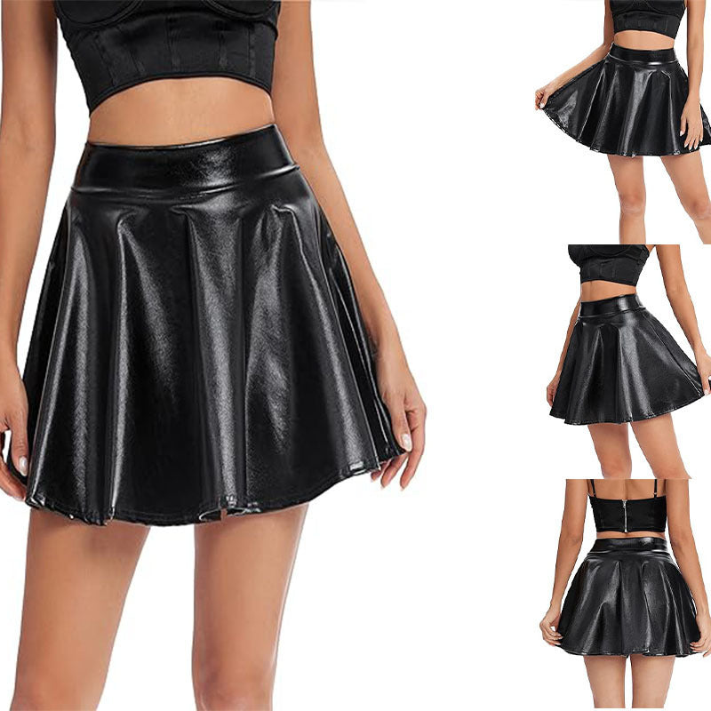 High Waist Mini Glossy Stretch Flare Skirt