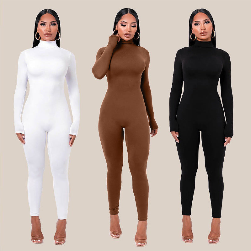 Autumn And Winter Solid Color Tight Long Sleeve Fleece-lined Jumpsuit