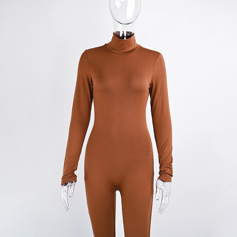 Autumn And Winter Solid Color Tight Long Sleeve Fleece-lined Jumpsuit